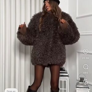 Zara Women's Faux Fur Puffer Jacket - Dark Brown